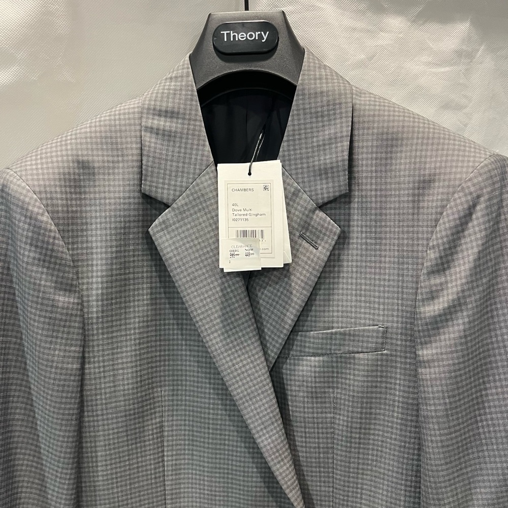 NWT Theory Chambers Blazer Tailored Gingham Dove Multi 40L Grey Suit Jacket